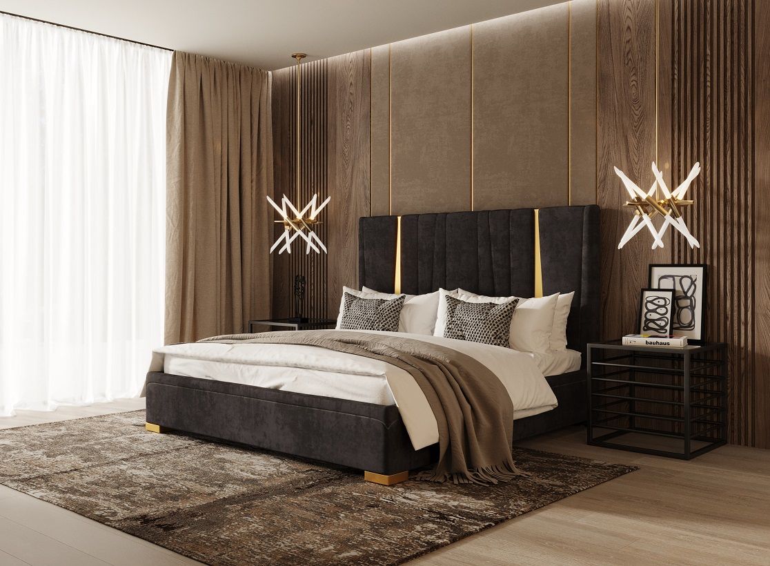 Queen Modrest Evonda Modern Black Velvet & Brass Bed