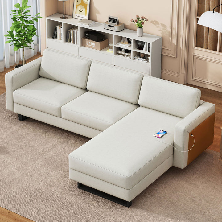 Walker Edison - upholstered sectional sofa with chaise longue, 3 seats, L-shaped design,  off-white