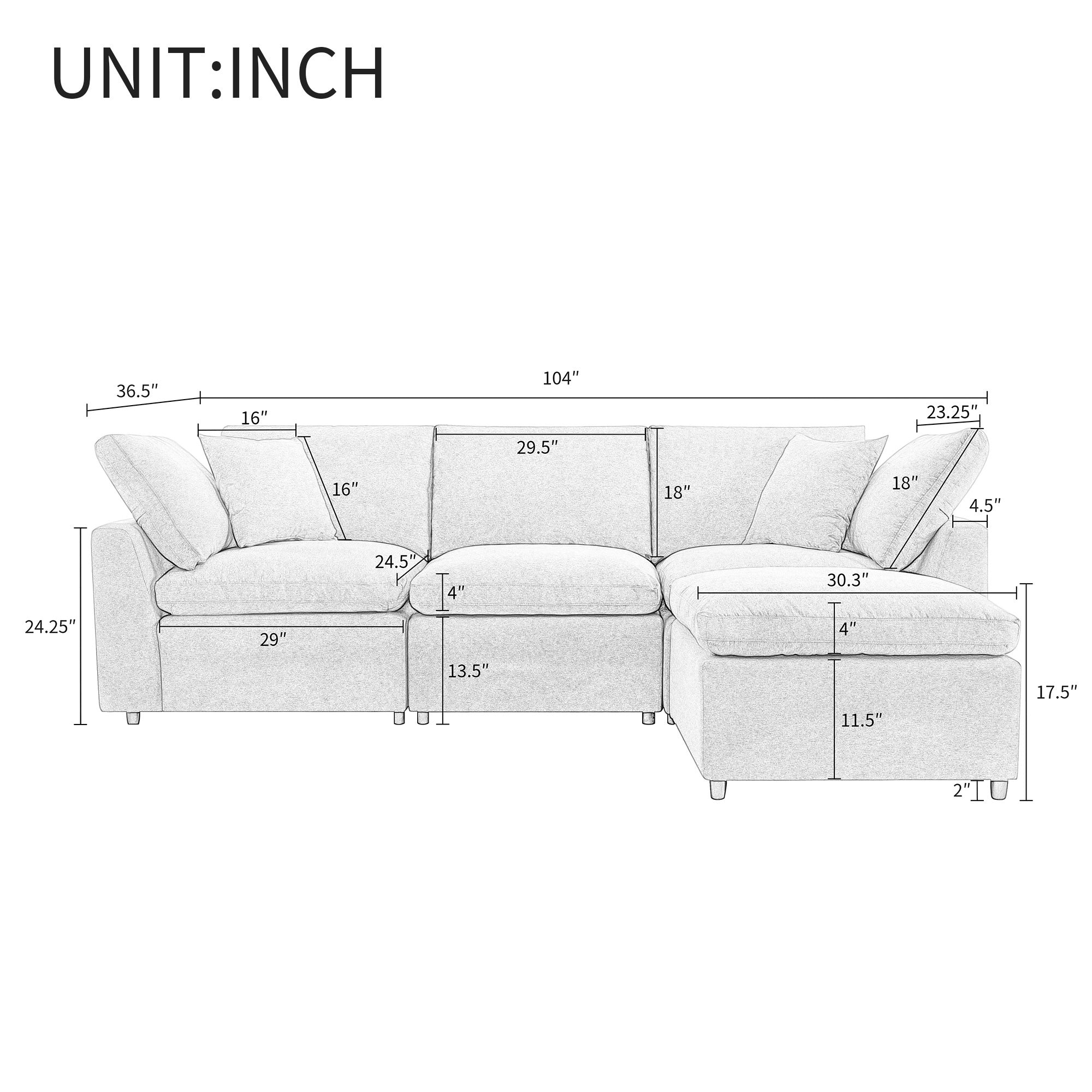 Walker Edison | Grey Cloud Pillow Top Sectional Sofa with Ottoman