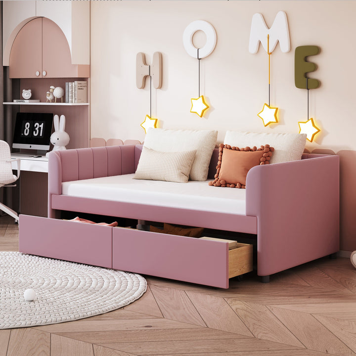 Walker Edison - Twin Size Upholstered Daybed with Ergonomic Design Backrest and 2 Drawers, Pink