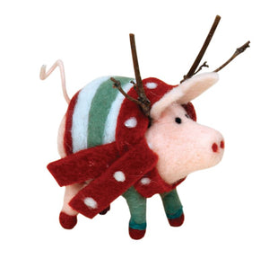Felted Pig with Striped Sweater Ornament