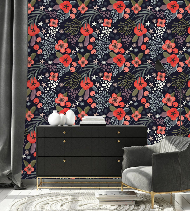 Stylish Dark Wallpaper with Red Flowers