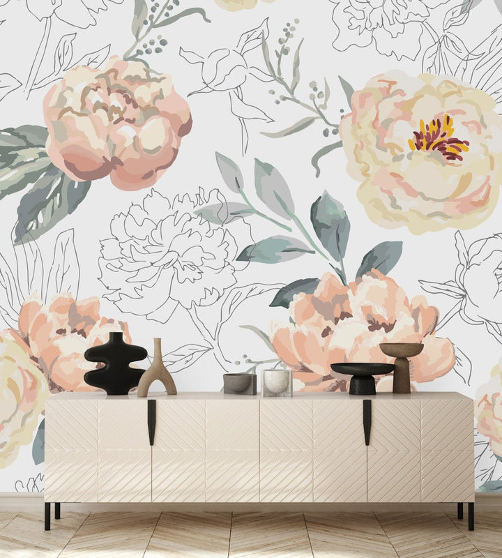 White Wallpaper with Beige Flowers