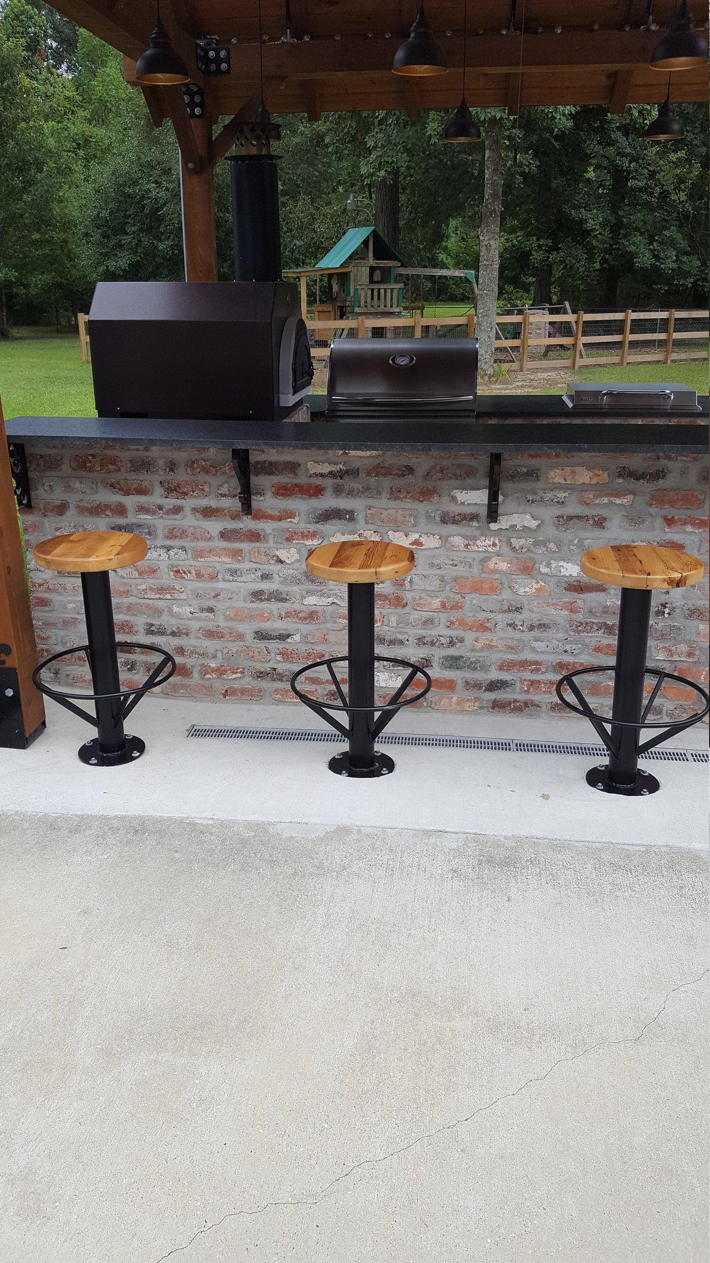 Reclaimed Wood Stools with Circular Footrest, Black Powder Finish
