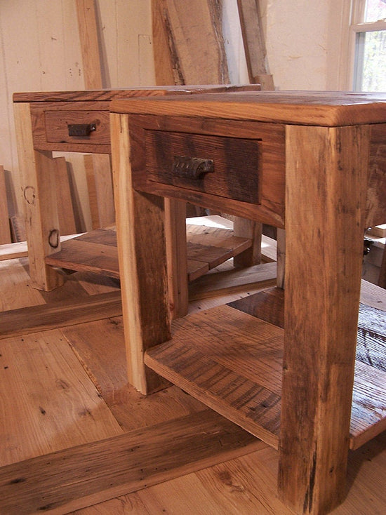 Rustic Parsons Style End Tables with Drawer, Shelf and Vintage Pulls