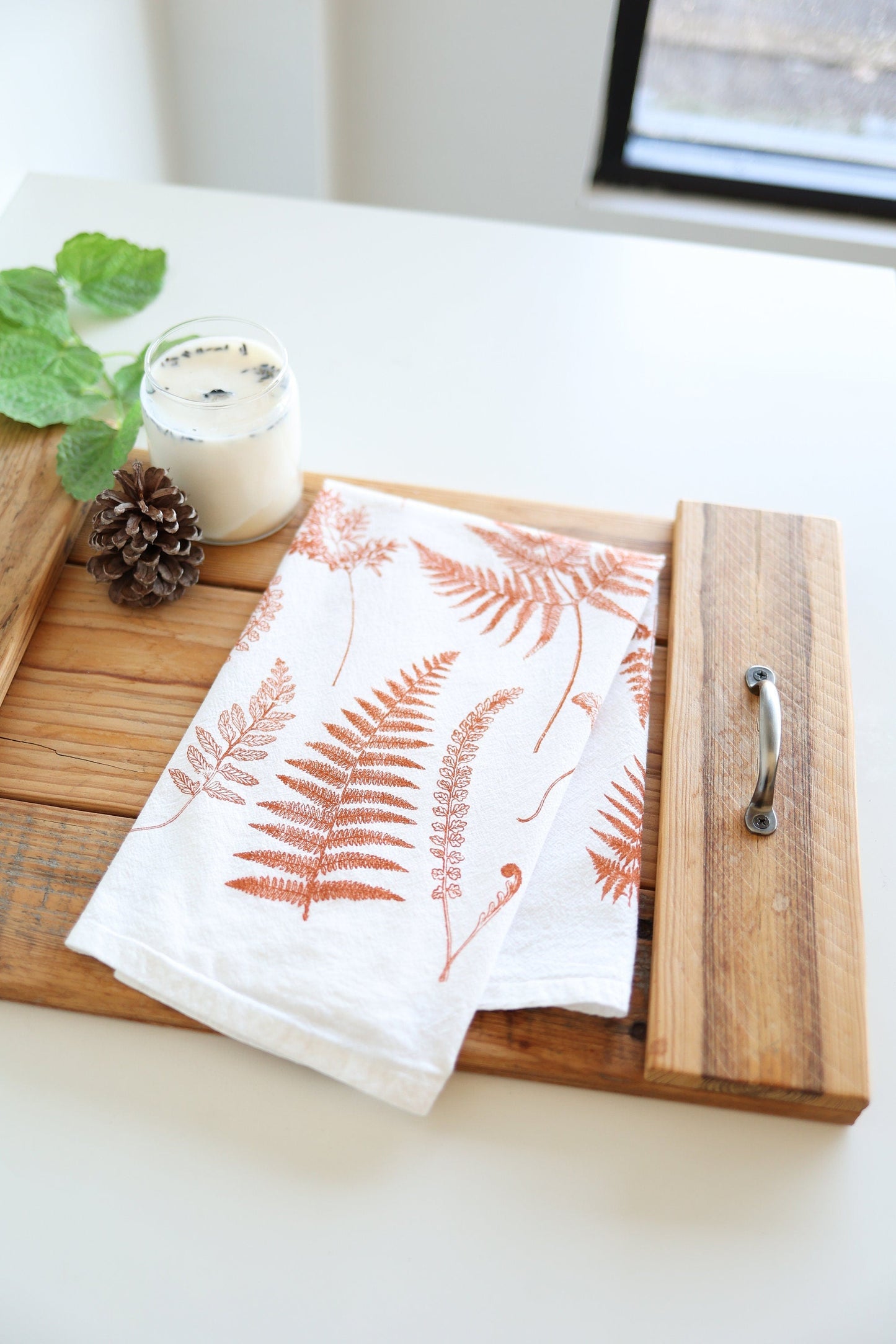 Red Fern Fronds Tea Towel