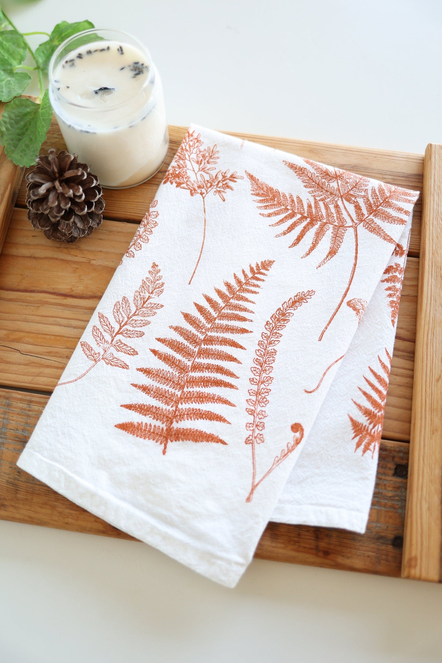 Red Fern Fronds Tea Towel