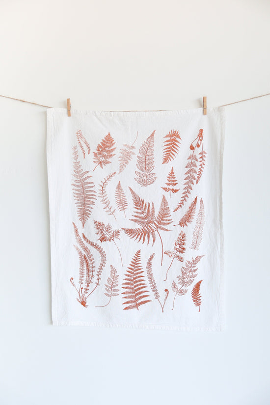 Red Fern Fronds Tea Towel