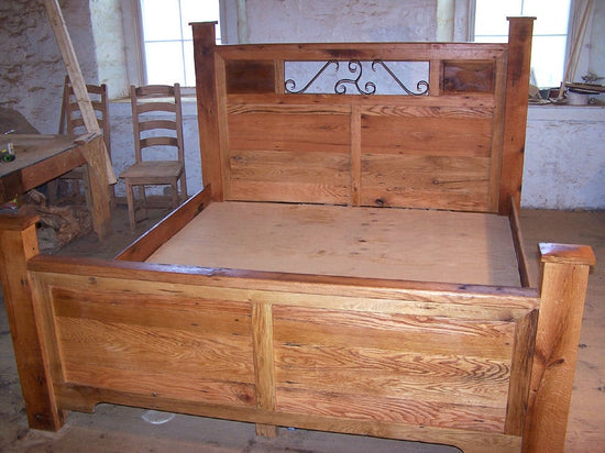 Reclaimed Barnwood Platform Bed with Wrought Iron Detail