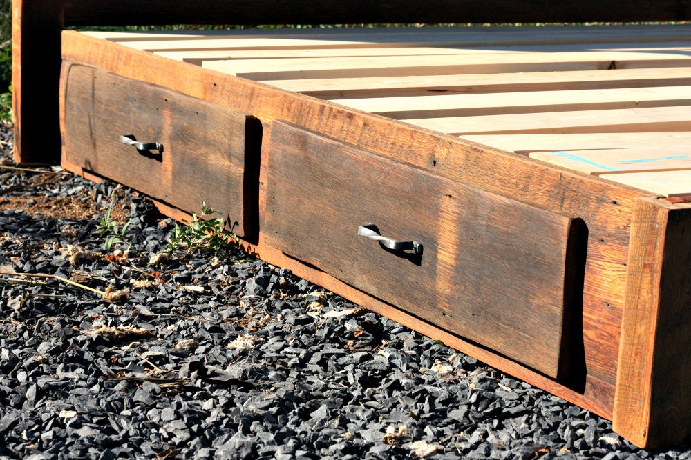 Reclaimed Wood & Iron Platform Bed with Storage