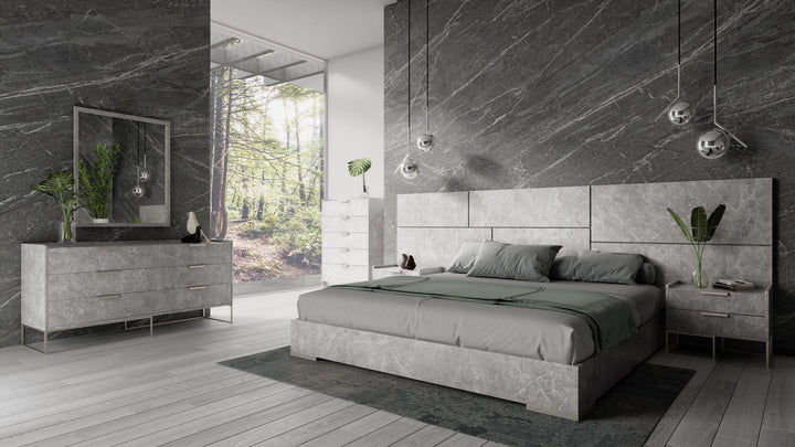 Nova Domus Queen Size Marbella - Italian Modern Grey Marble Bed w/ 2 Nightstands