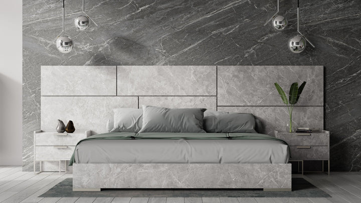 Nova Domus Queen Size Marbella - Italian Modern Grey Marble Bed w/ 2 Nightstands