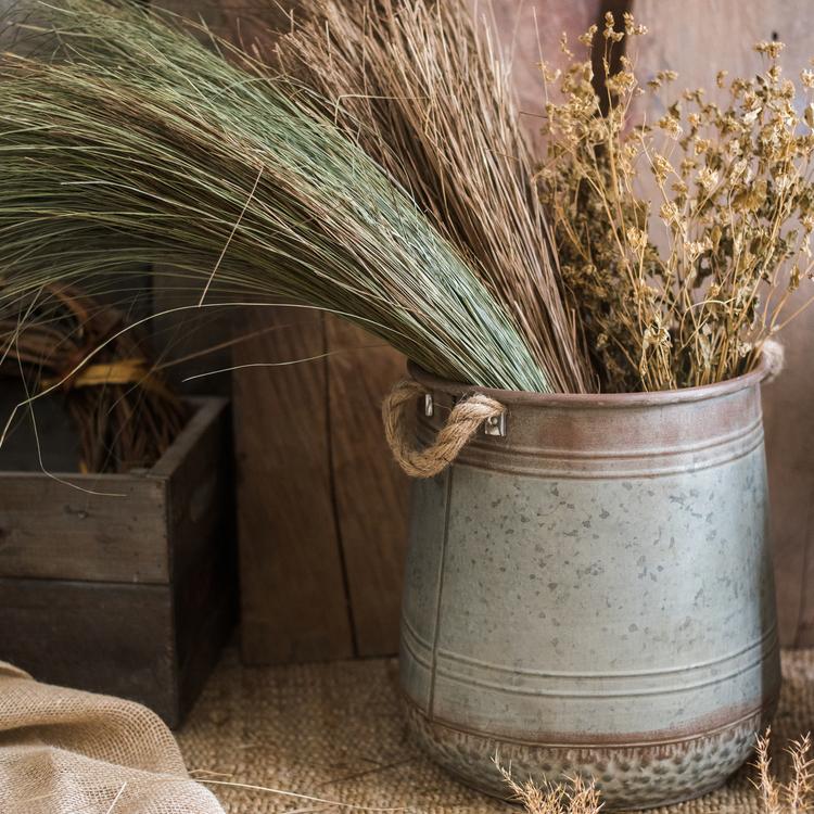 Metal Flower Pail with Rope Handles