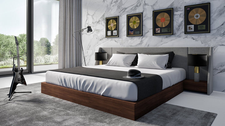 Queen Nova Domus Janice - Modern Grey Fabric and Walnut Bed and Nightstands