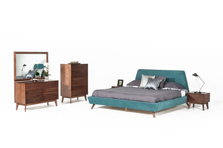 Queen Modrest Lewis Mid-Century Modern Teal & Walnut Bedroom Set