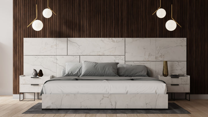 Nova Domus Queen Size Marbella - Italian Modern White Marble Bed w/ 2 Nightstands