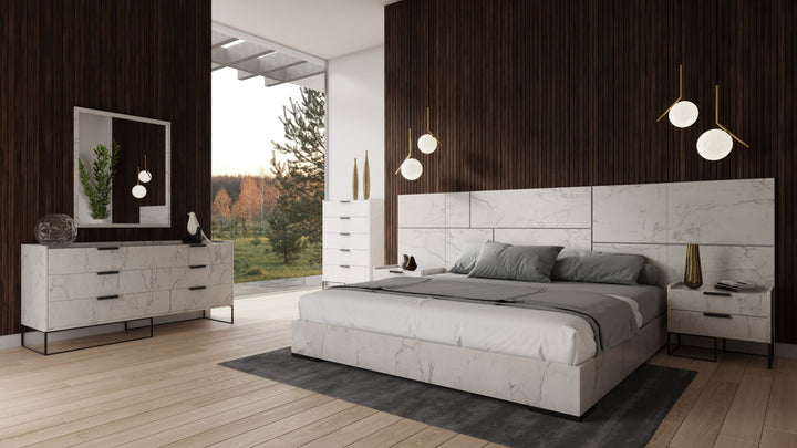 Nova Domus Queen Size Marbella - Italian Modern White Marble Bed w/ 2 Nightstands