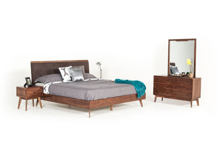 Queen Modrest Marshall Mid-Century Modern Brown Fabric & Walnut Bedroom Set
