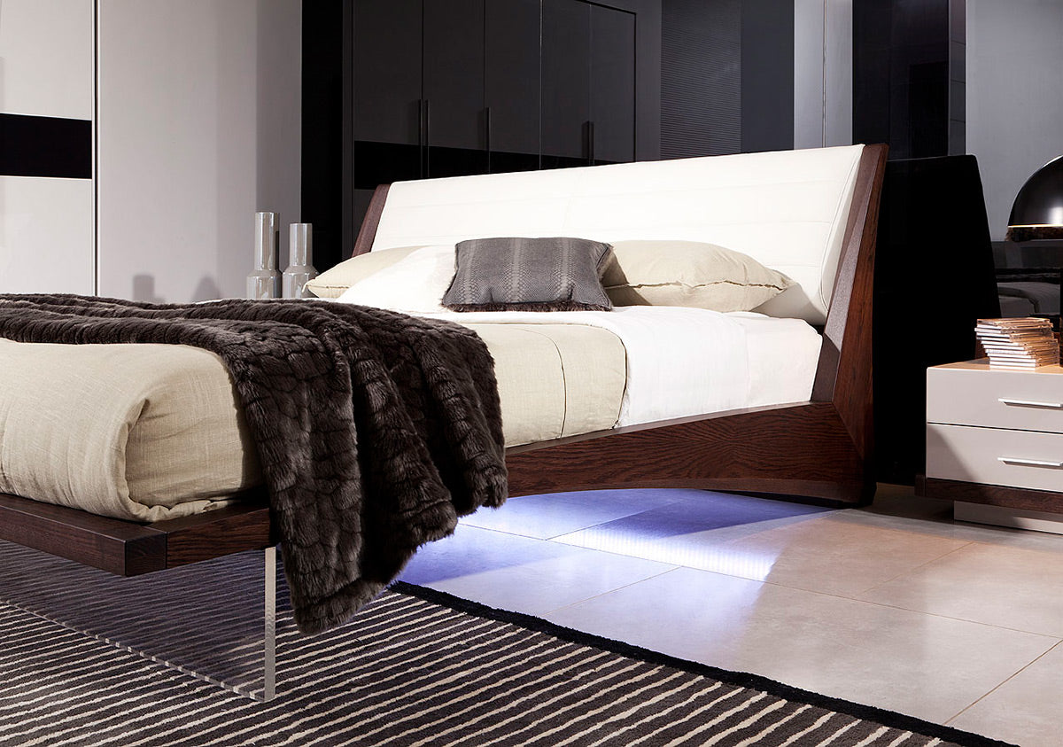 Volterra Contemporary Brown Oak and White Floating Bed w/ Lights