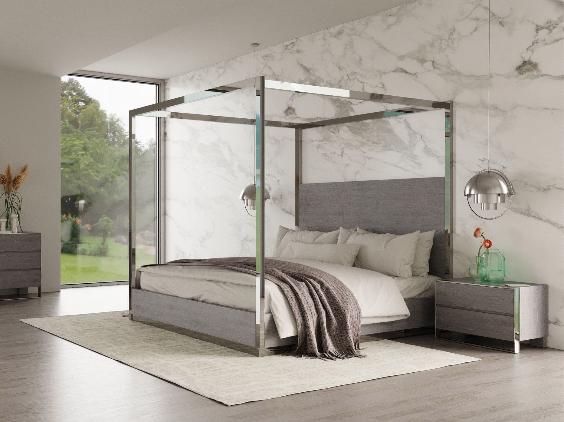 Queen Modrest Arlene Modern Grey Elm & Stainless Steel Canopy Bed