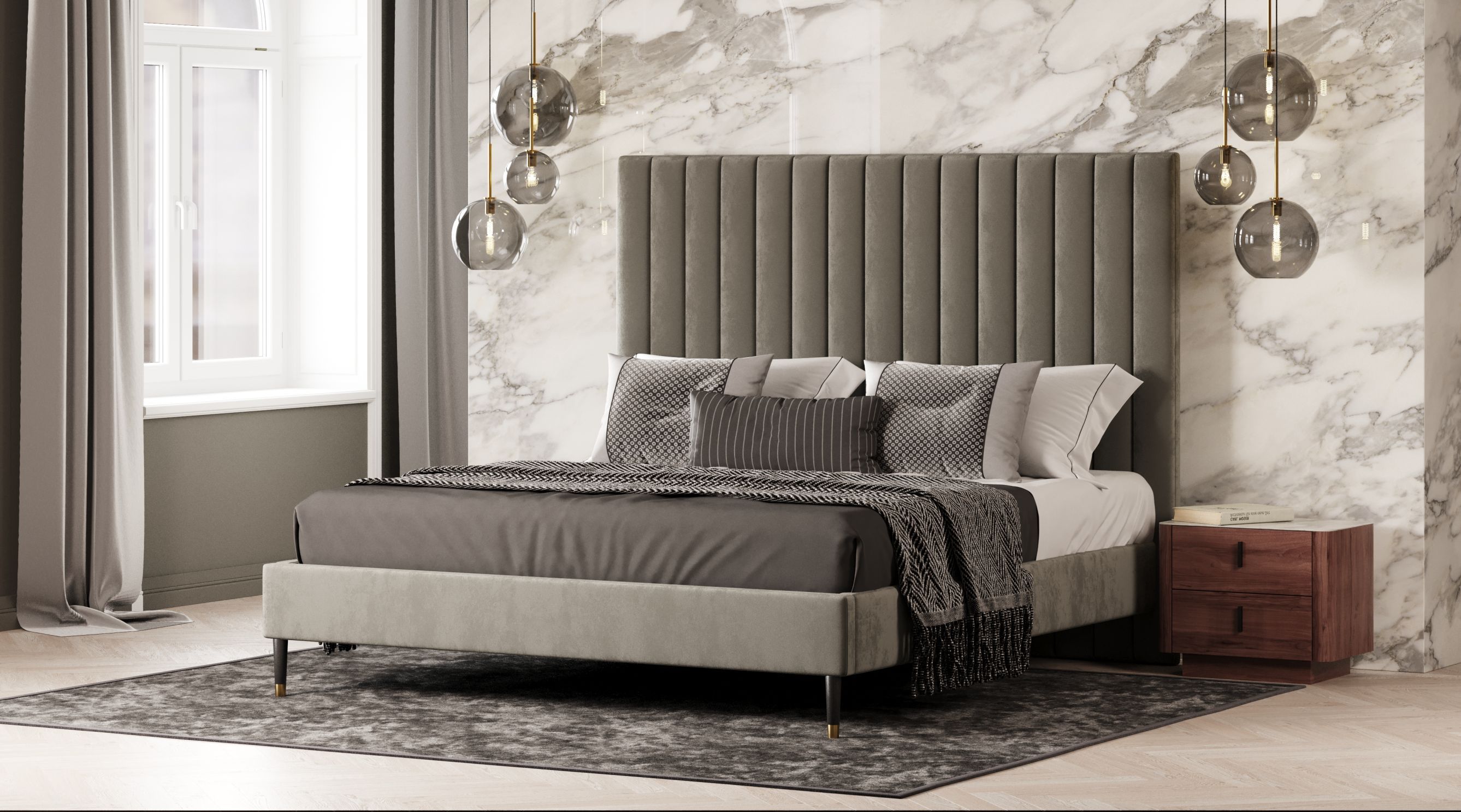 Modrest Hemlock - Eastern King Modern Grey Velvet Bed