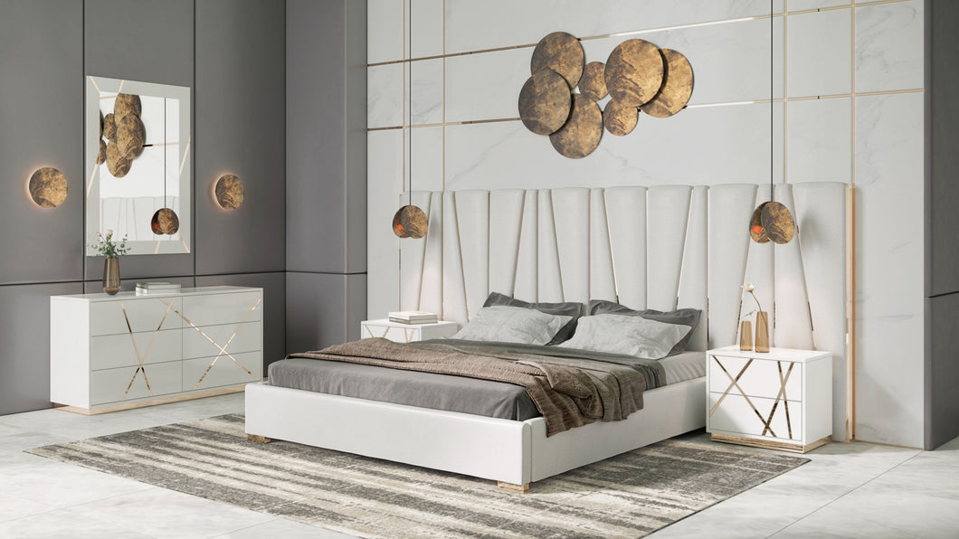 Modrest Nixa - Eastern King Modern White + Gold Bed + Nightstands