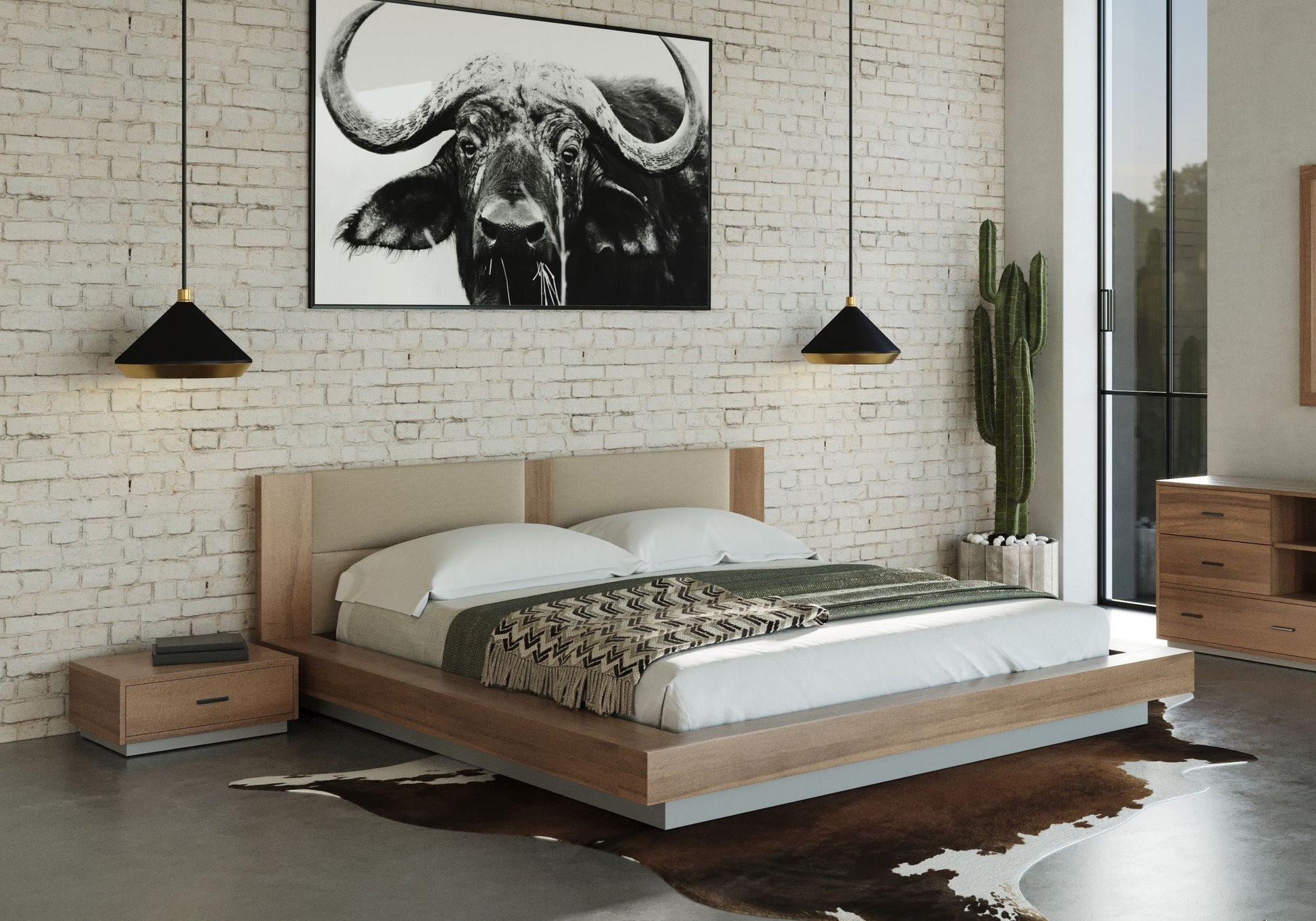 Queen Nova Domus Fantasia - Contemporary Walnut & Grey Bed with Two Nightstands