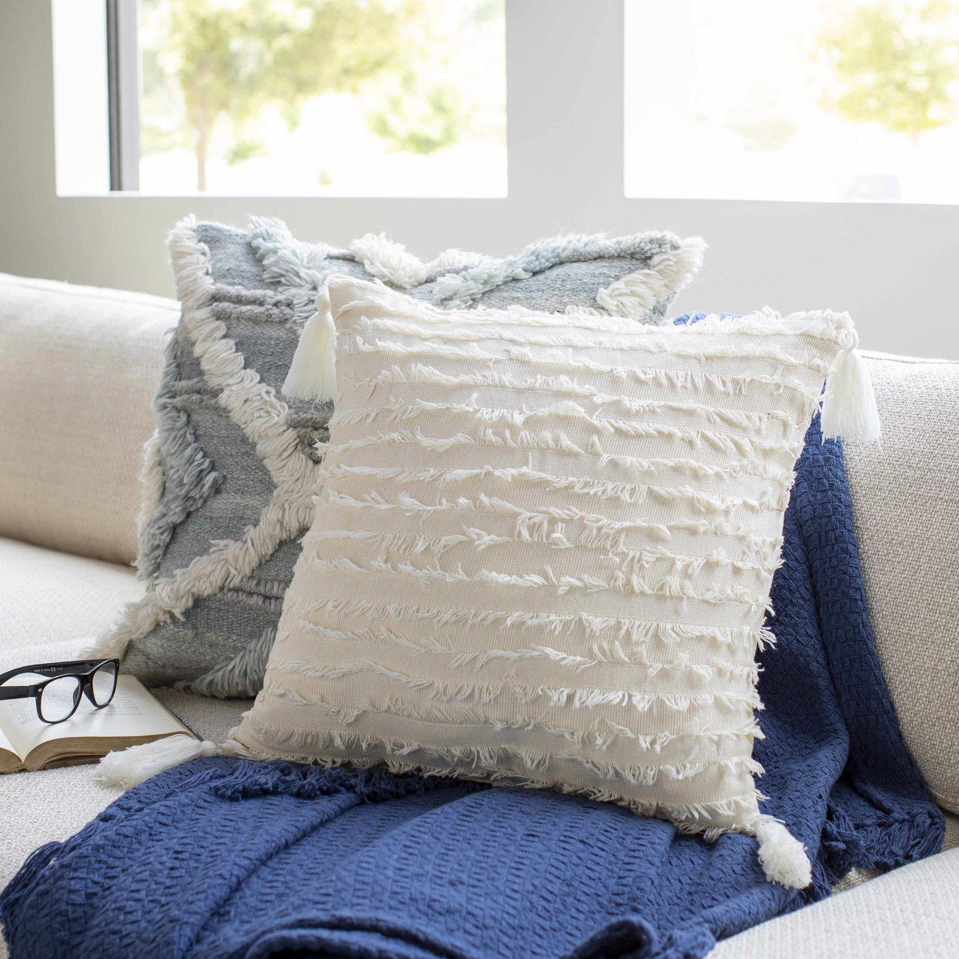 Odon Textured Tassel Square Pillow, Ivory