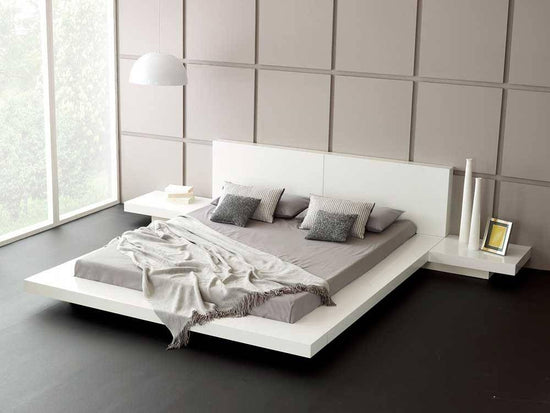 Queen Opal White Gloss Japanese Style Platform Bed with Nightstands