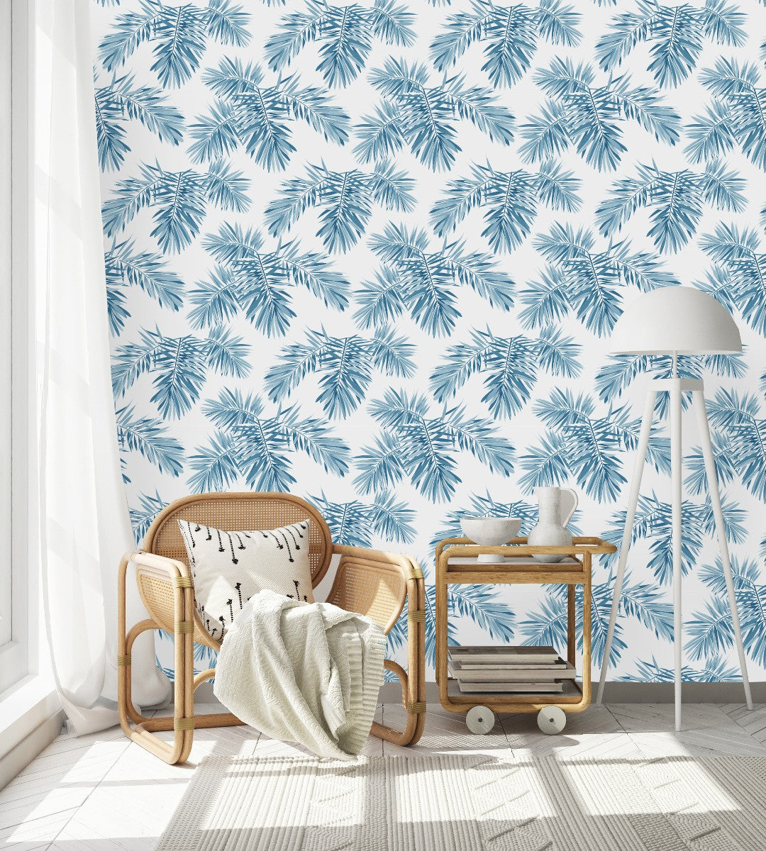 White Wallpaper with Blue Leaves