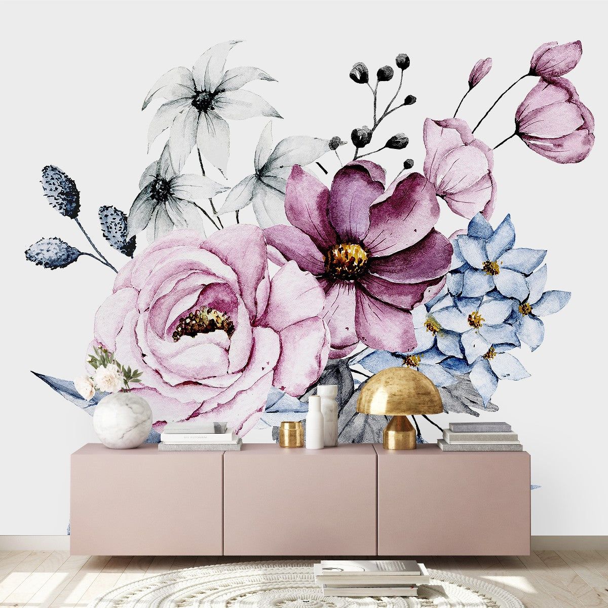 Contemporary Pink and Purple Flowers Wallpaper Fashionable