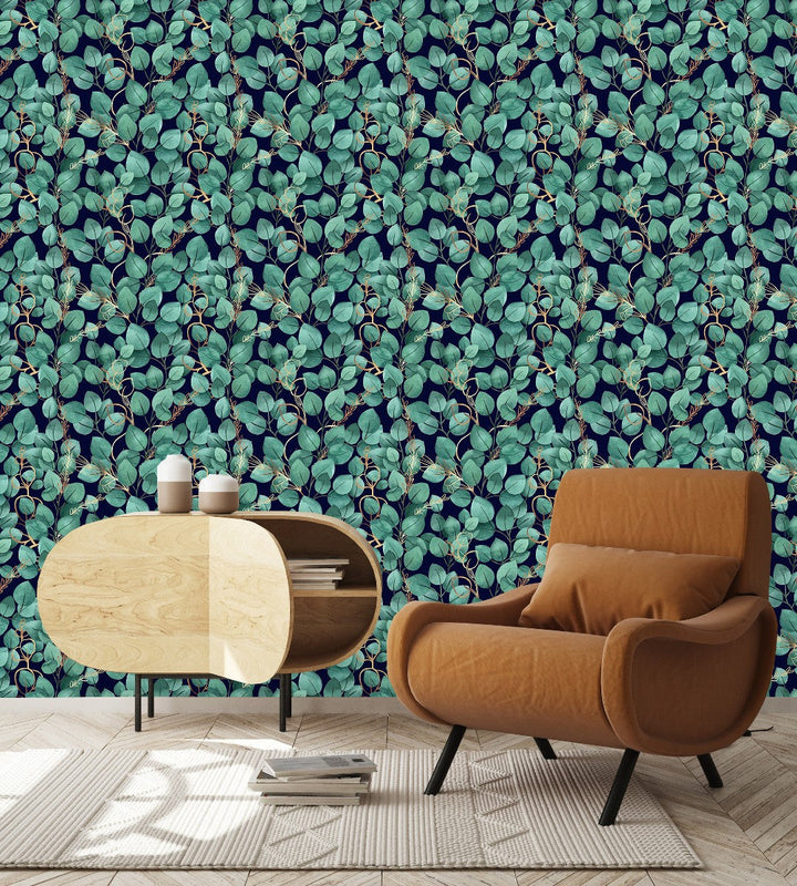 Voguish Dark Wallpaper with Green Leaves Smart