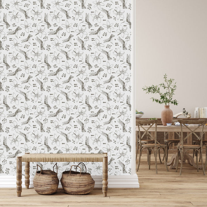 Grey Humingbirds and Flowers Wallpaper