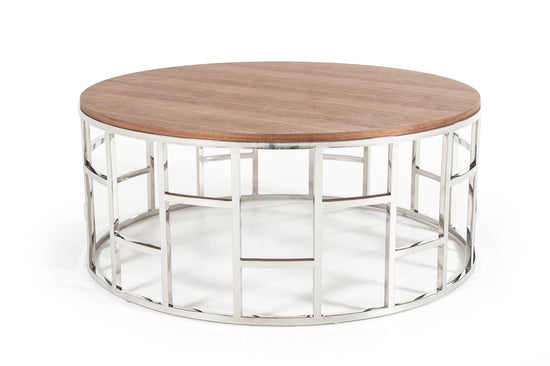 Modrest Silvia Modern Walnut & Stainless Steel Coffee Table