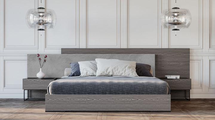 Eastern King Nova Domus Enzo Italian Modern Grey Oak & Fabric Bed w/ Nightstands