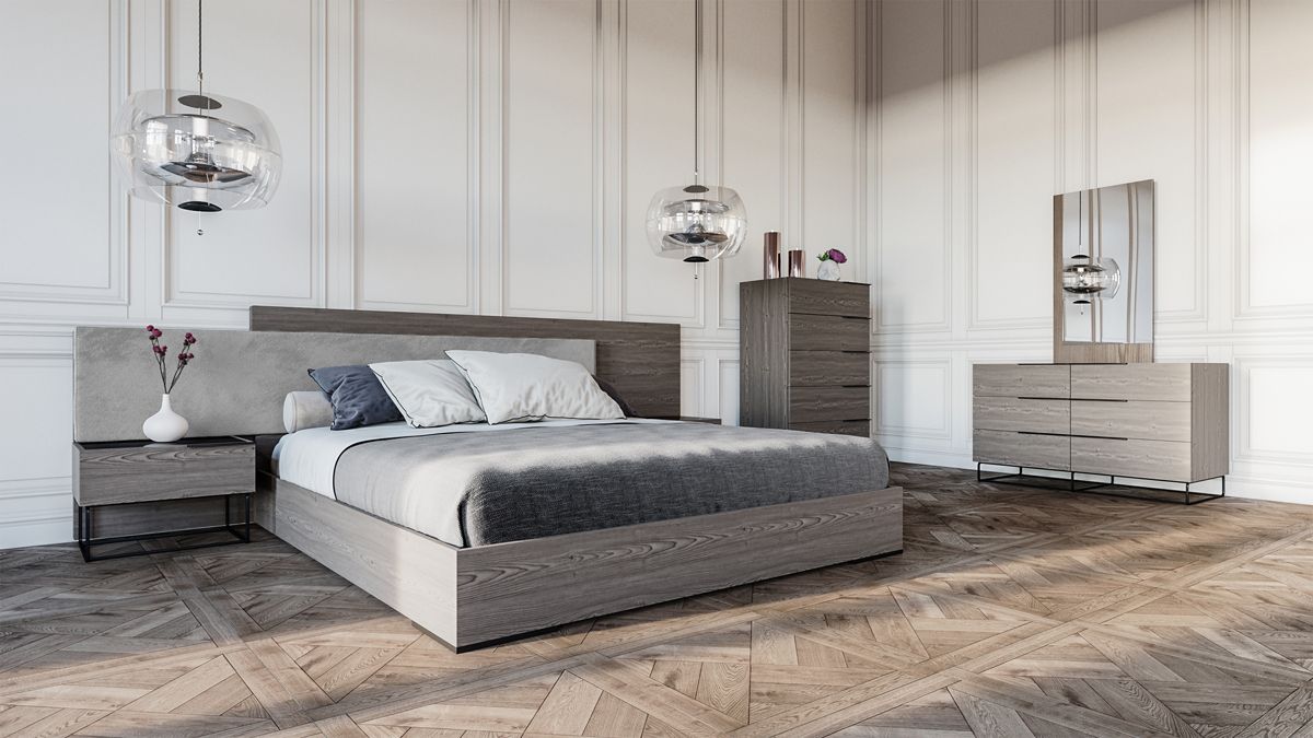 Queen Nova Domus Enzo Italian Modern Grey Oak & Fabric Bed w/ Nightstands