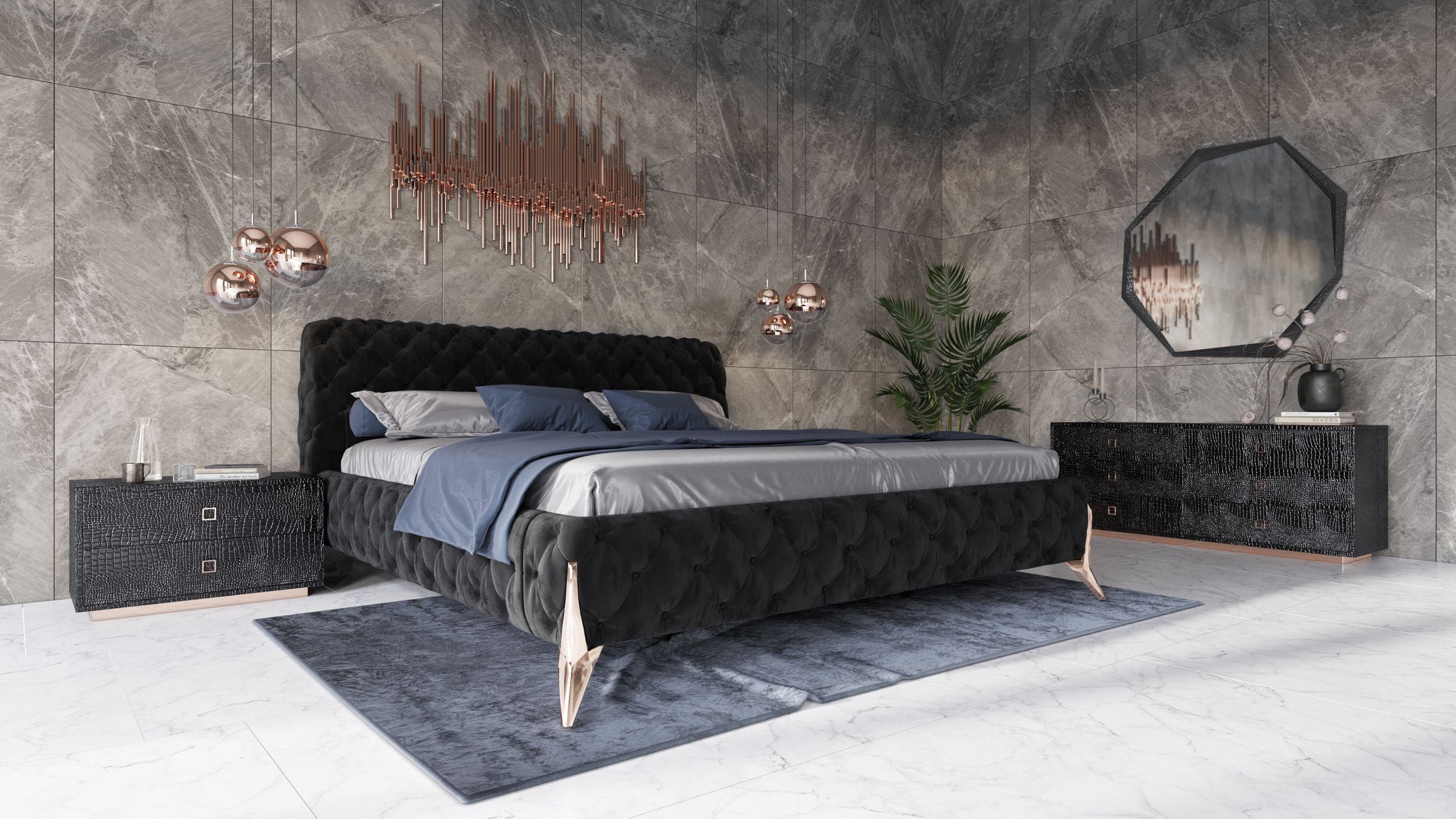 Queen Modrest Legend - Modern Black Velvet &amp; Rosegold Bed