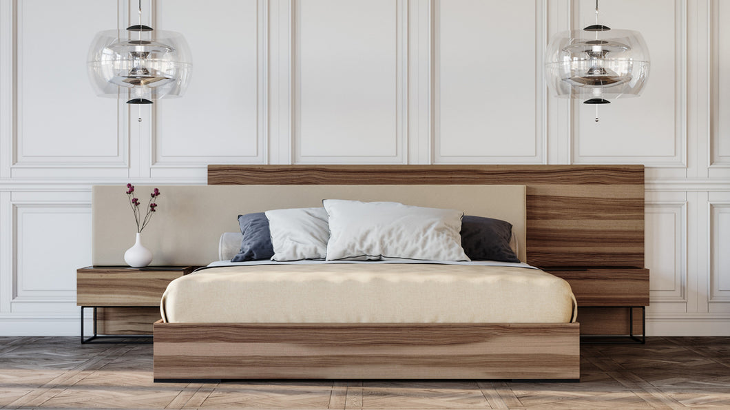 Eastern King Nova Domus Matteo Italian Modern Walnut & Fabric Bed + 2 Nightstands + Dresser Set