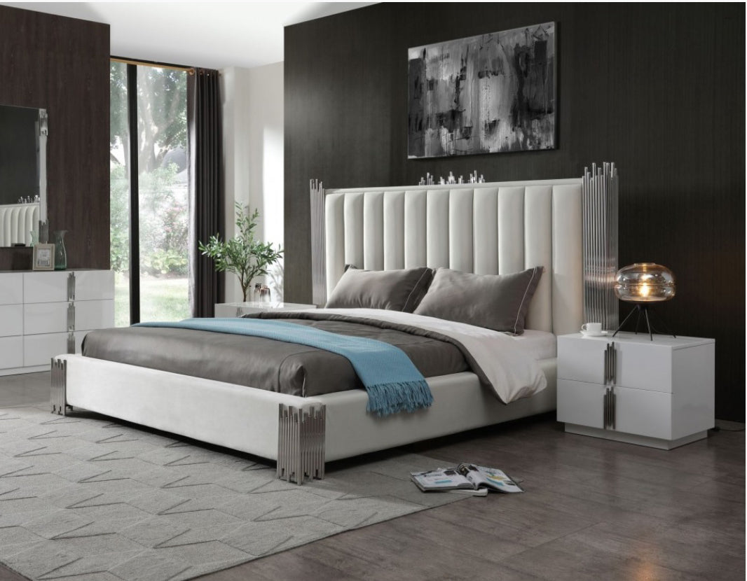 Modrest Token - Eastern KingModern Cream & Stainless Steel Bed + Nightstands
