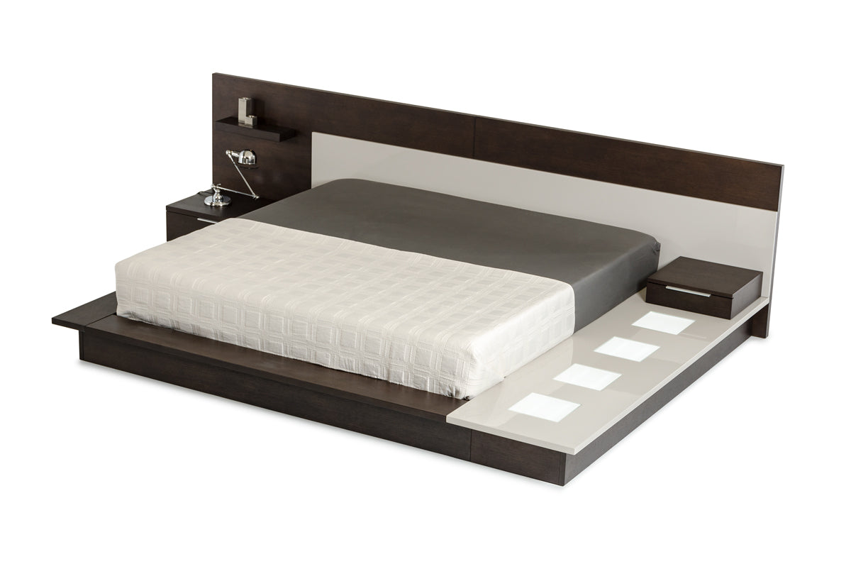 Modrest Torino Contemporary Brown Oak & Grey Platform Bed w/ Lights