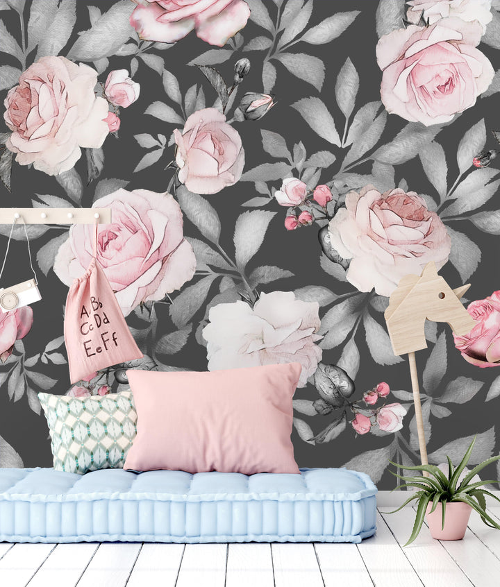 Watercolor Seamless Pattern with Pink Flowers and Leaves on Gray Background Wallpaper Mural