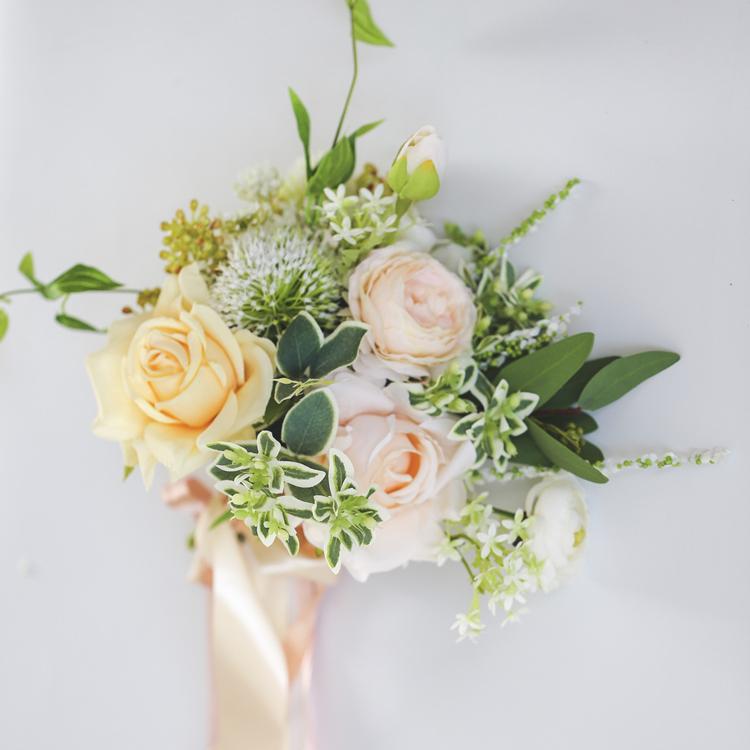 Wedding Bouquet Champagne Rose White Daisy with Greenery Leaves