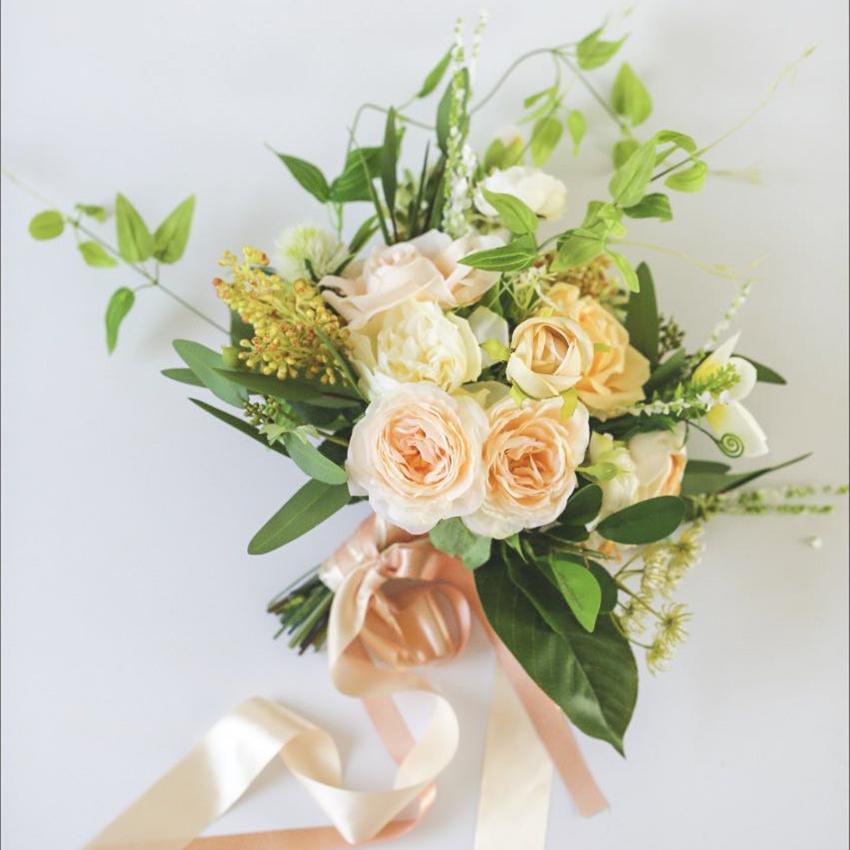 Wedding Bouquet Champagne Rose White Daisy with Greenery Leaves