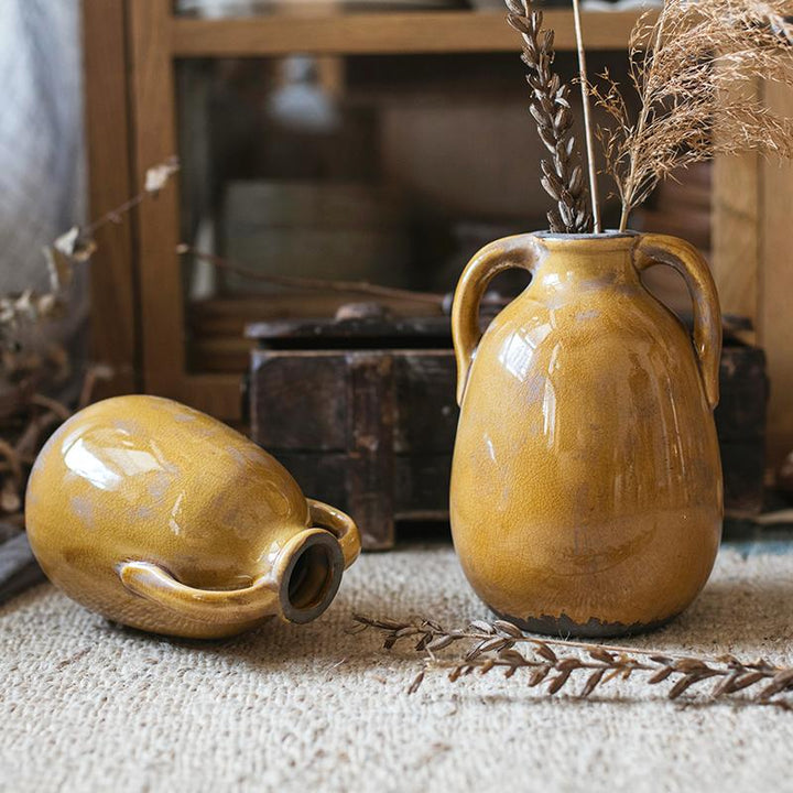 Yellow Glazed Ceramic Vase with Handles