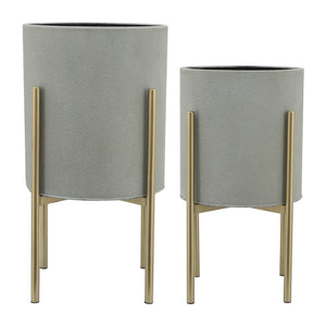 Planter On Metal Stand, Putty and Gold (Set of 2)