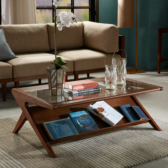 Rocket Coffee Table  w/Tempered Glass - Pecan