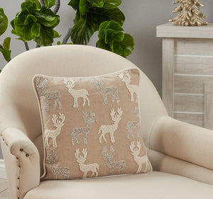 Reindeer Beaded and Embroidered Square Pillow, Natural