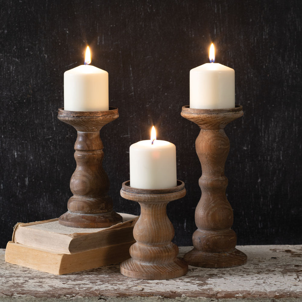 Set of Three Wooden Pillar Candle Holders