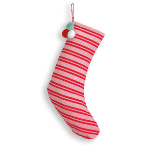 Red Striped Christmas Stocking with Pom Poms