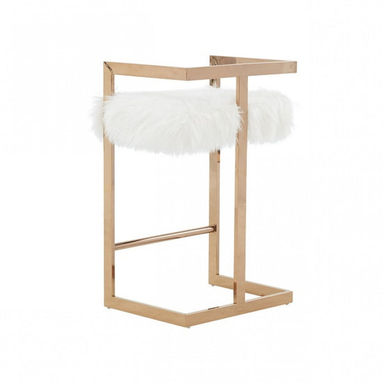 Modrest Halifax -Modern White Faux Fur and Rosegold Counter Stool